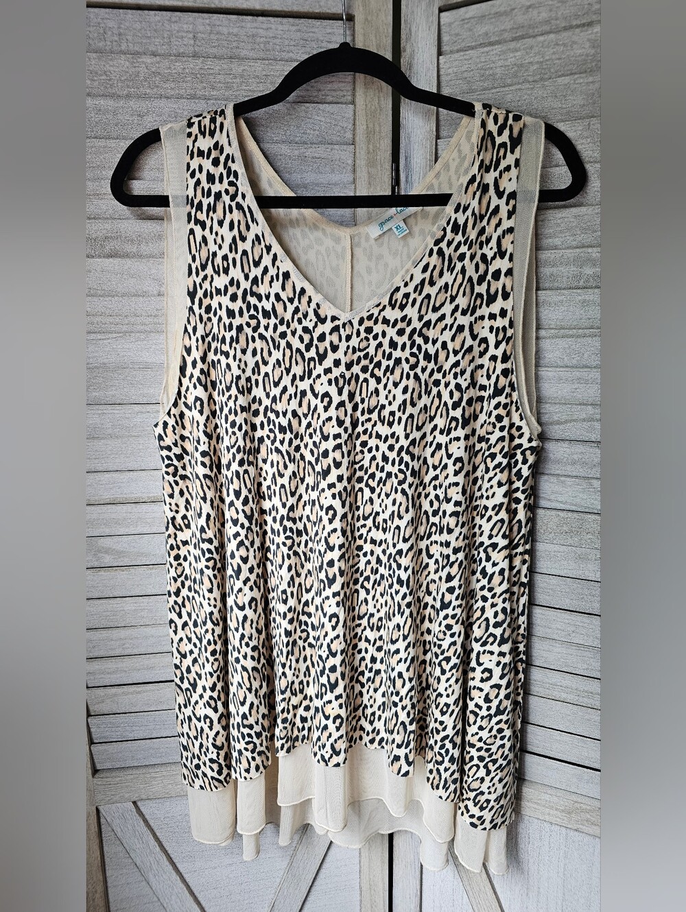 Grace & Lace Leopard Print Mesh-Trim Top